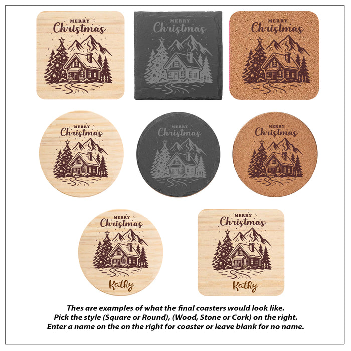 Merry Christmas Mountains Wood Coaster