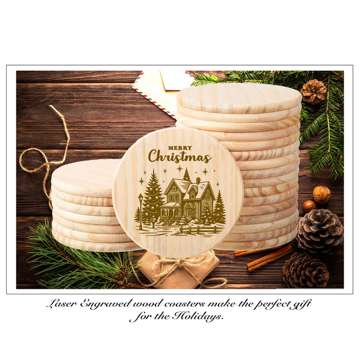 Merry Christmas House Wood Coaster