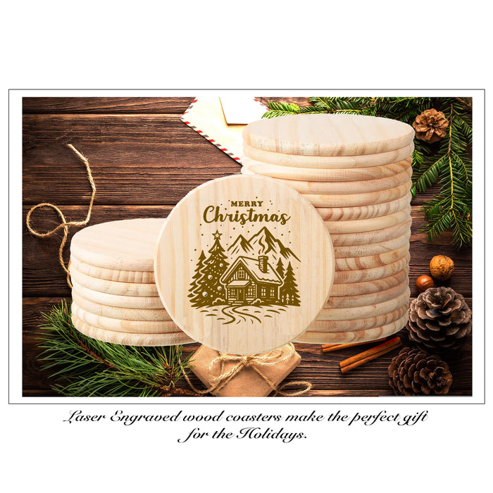 Merry Christmas Mountains Wood Coaster