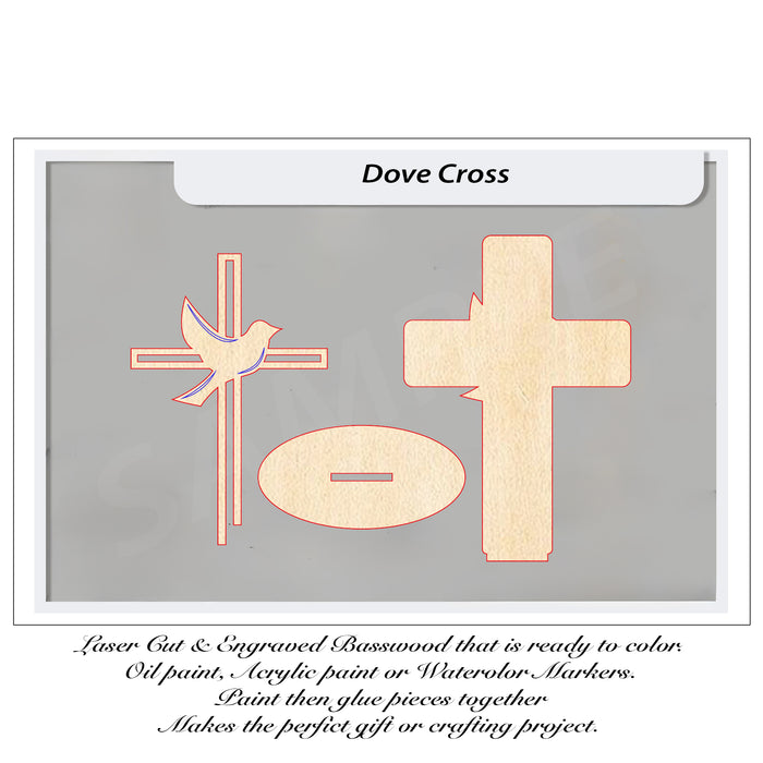 Dove cross and cross shapes on a gray card with text about laser cut and engraved basswood.