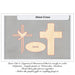 Dove cross and cross shapes on a gray card with text about laser cut and engraved basswood.
