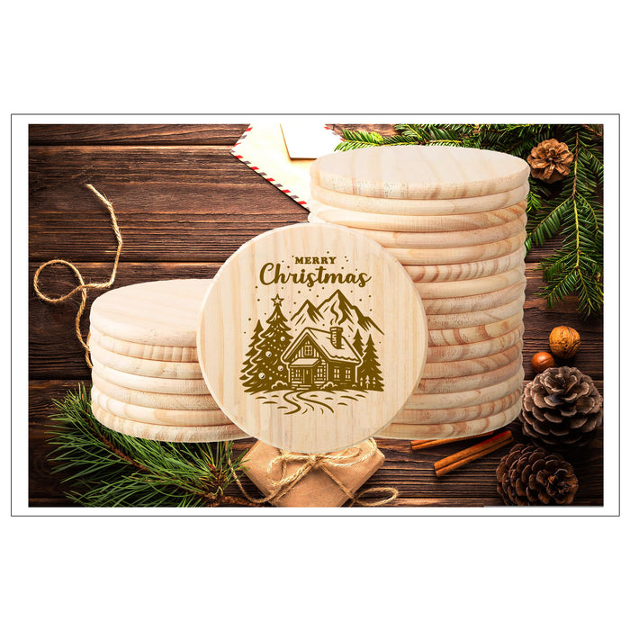 Merry Christmas Mountains Wood Coaster