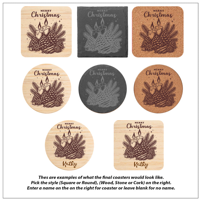 Merry Christmas Pinecones Wood Coaster