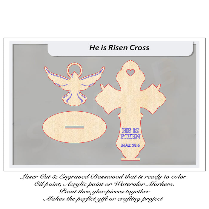 Wooden cross, angel, and heart-shaped piece with 'He is Risen' text on 3mm basswood