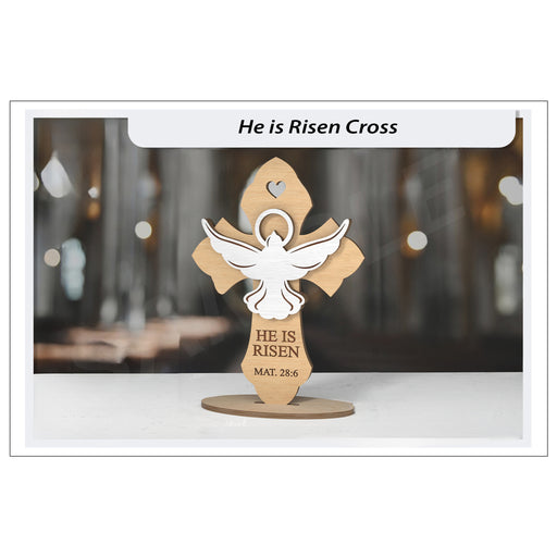 Wooden cross with a dove and 'He is Risen' text on 3mm basswood