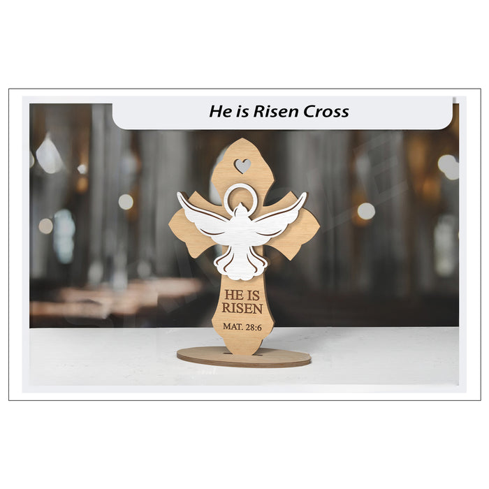 Wooden cross with a dove and 'He is Risen' text on 3mm basswood